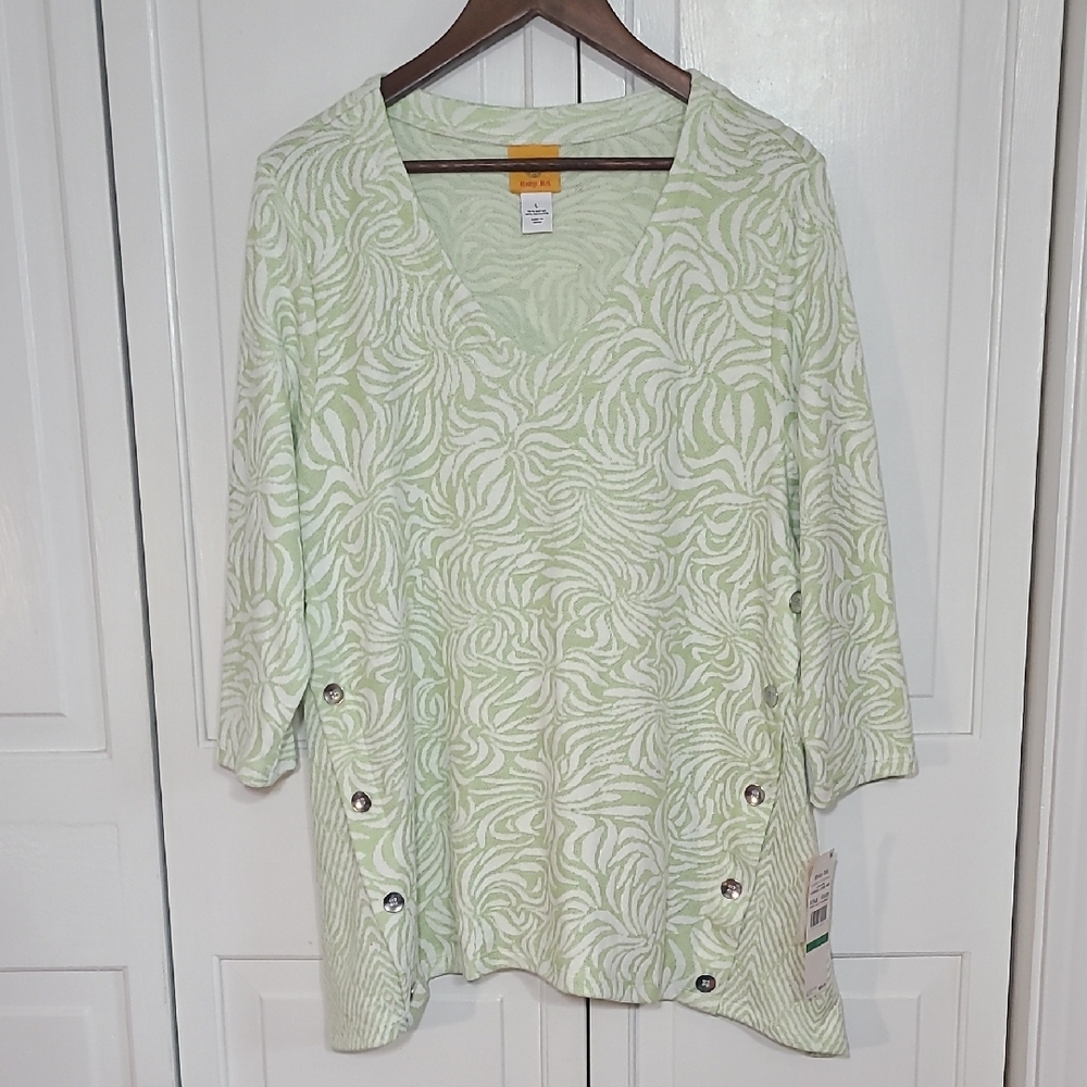 NWT Ruby Rd Women's Green White Leaf Print Tunic 3/4 Sleeve Top V Neck Large